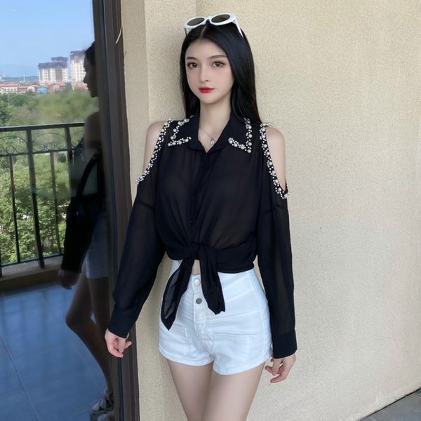 

women dressises 2020 autumn new careful machine design sense minority pearl off-shoulder long-sleeved chiffon single-breasted all-match shir, White