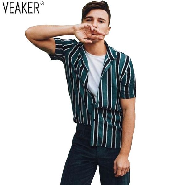 

2019 new men's high street casual shirts male striped streetwear shirt men summer short sleeves shirts -3xl, White;black