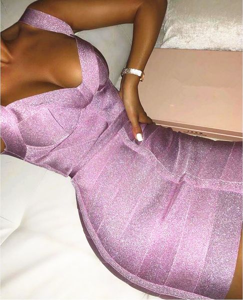 

ladies v neck backless purple shining women bandage dress 2020 designer fashion sparkly party dress vestido, Black;pink