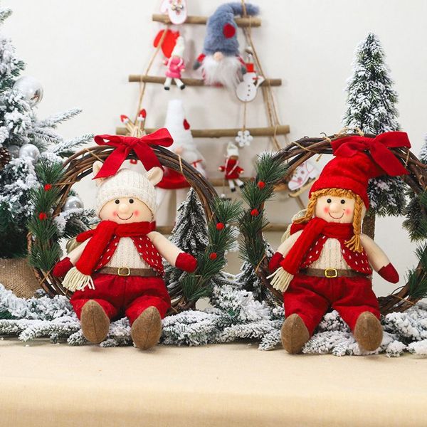 

christmas rattan wreath artificial garland with cute doll and red bow knot holiday hanging pendant for door wall window decor