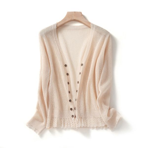 

women's knits & tees 2021 spring summer fashion solid color cardigan sweater thin sun protection ladies jacket hollow v-neck women clot, White