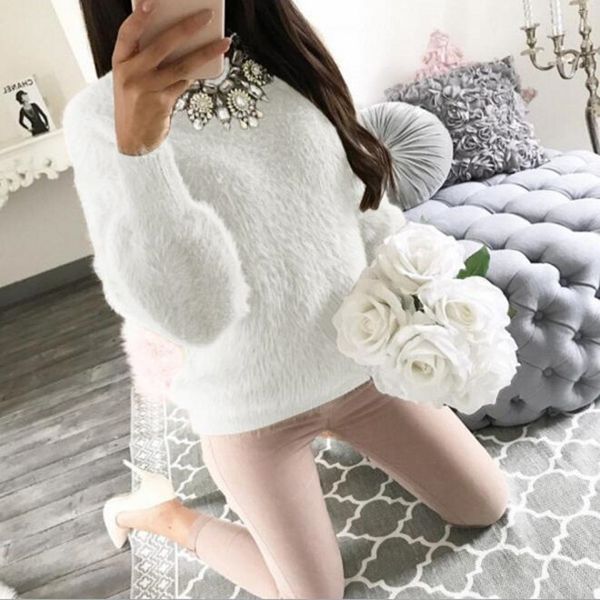 

autumn knitted sweater women solid plush sweater pullover basic crop women elegant casual thick warm hairy sweaters, White;black