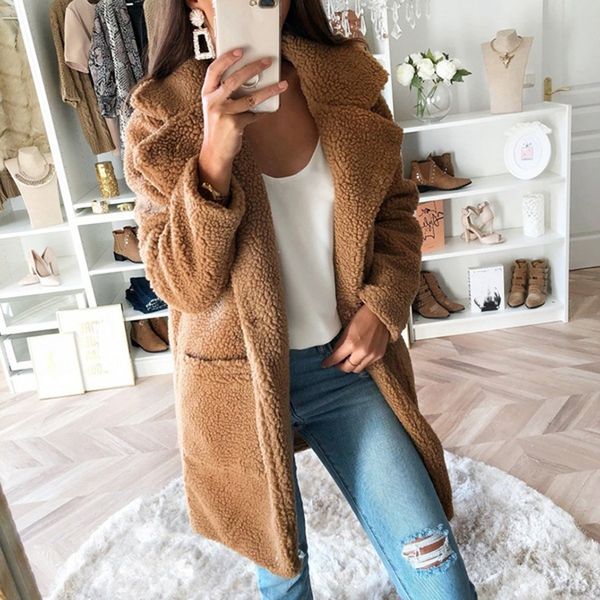 

woman winter coat oversize fur coat thick warm faux sheepskin long jacket female overcoat winter fashion solid trench coats e3, Black