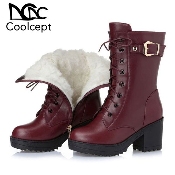 

coolcept winter plush women mid calf boots zipper platform thick heels shoes genuine leather warm women footwear size 35-41, Black