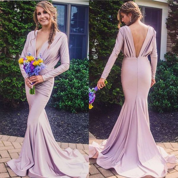 

lavender bridesmaid dresses v neck backless sweep train soft satin long sleeves evening dress custom made mermaid prom formal party gowns, White;pink