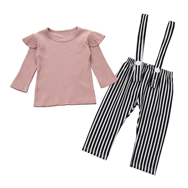 

2pcs toddler kids baby girl autumn winter clothes t-shirt +stripe pants overall outfits sweet children girl clothes set, White
