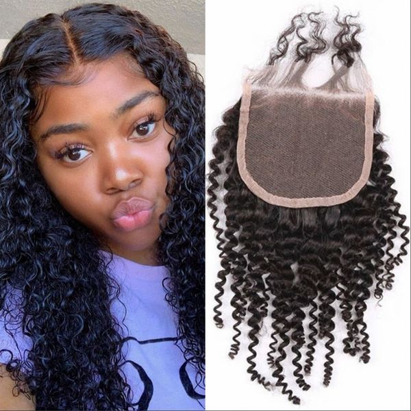 

kinky завитых human закрытие волос natural color индийского волос девственница 4x4 lace closure с волосами младенца, Black;brown