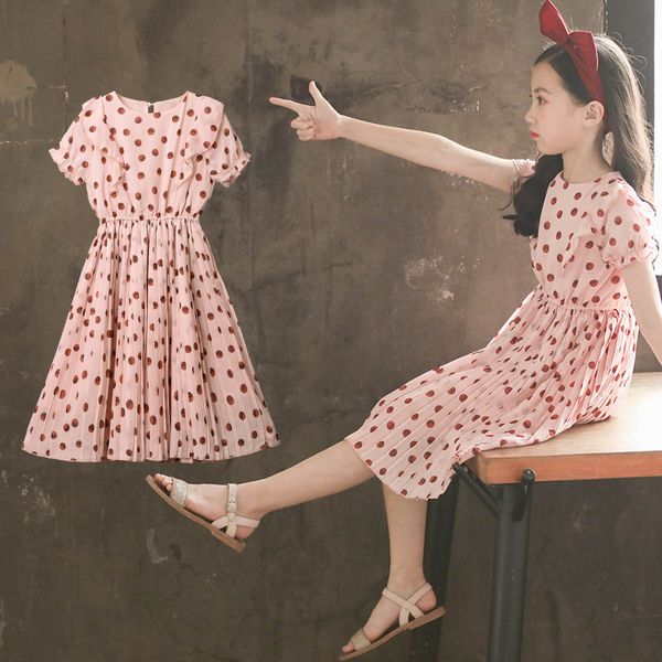 

children's dress new big children's summer dress beautiful youth polka dot princess skirt summer short sleeve 226, Red;yellow