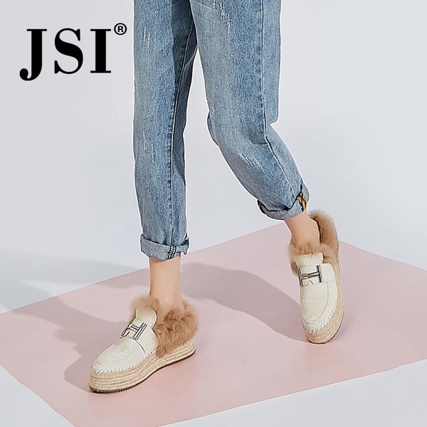 

jsi women shoes round toe genuine leather solid slip-on casual ladies shoes winter fur loafers chunky platform women jo338, Black