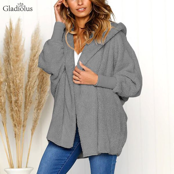 

gladiolus 2018 autumn winter teddy coat long sleeve loose double-faced plush thick warm hooded coat women long cardigan jackets, Black;brown