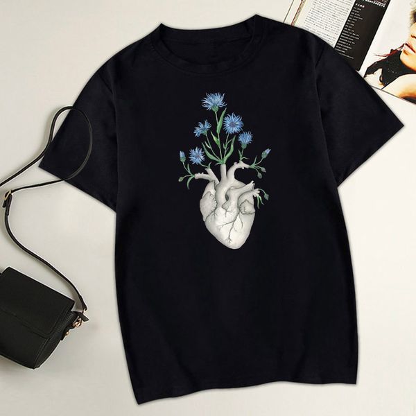

vogue t-shirt women floral heart girl t shirt summer cotton black casual tees human anatomy cornflower hipster t shirt, White
