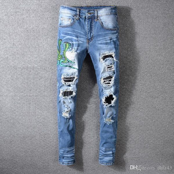 

european american streetwear men jeans blue color destroyed ripped jeans men slim fit cobra embroidery fashion hip hop jeans t200410, Black