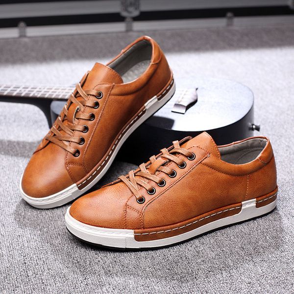 

2019 autumn new men casual shoes lace up leather flats shoes concise stylish male breathable large size sneakers, Black