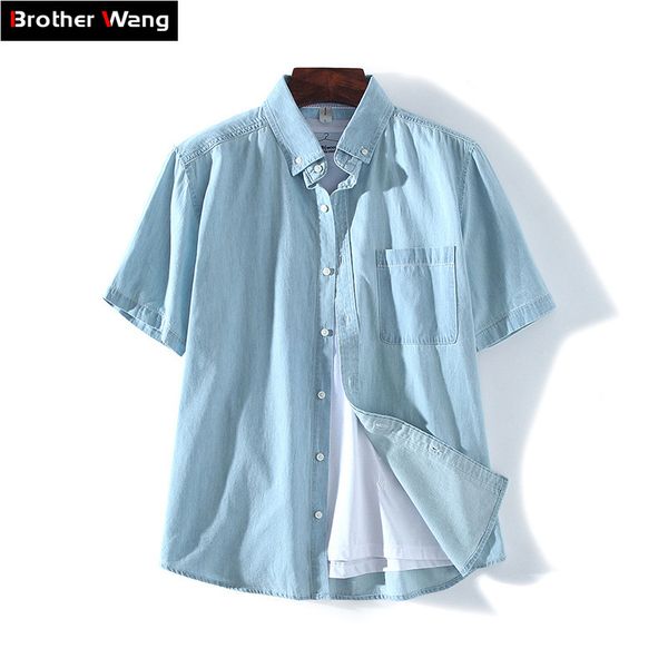 

classic men's short-sleeved denim shirt 2019 summer new style light blue navy blue fashion casual jeans shirt male brand clothes, White;black