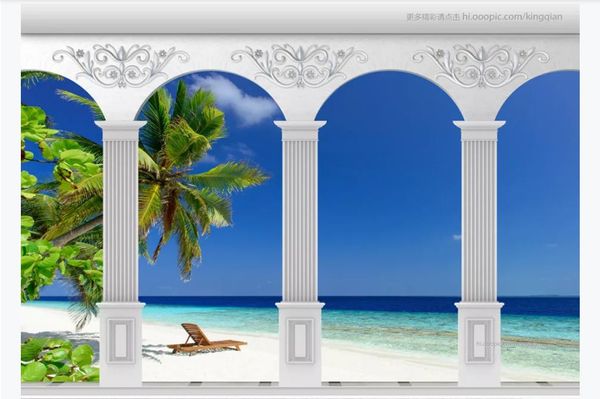 3D personalizzato grande foto murale carta da parati Colonna romana Colonnade Beach Seascape Coconut Tree 3D TV divano sfondo muro di carta per pareti 3d