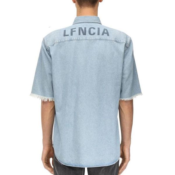 

19fw denim short sleeved shirt back letter printing blue t-shirt fashion tee casual street shirts men women couple single breasted hfhlcs022, White;black