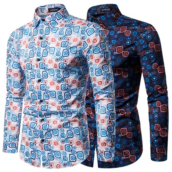 Мужской дизайнерской стройные подходят рубашки платья 2020 роскоши весна осень мужской одежды 3D цифровая печать футболка с длинным рукавом отворот шея вскользь
