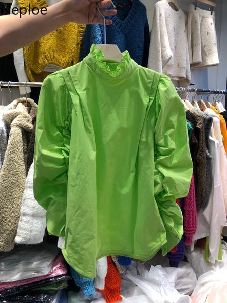 

neploe 2020 spring korean pullover shirt pleated puff long sleeve ruffle stand neck blusa fashion solid causal blouse 58417, White