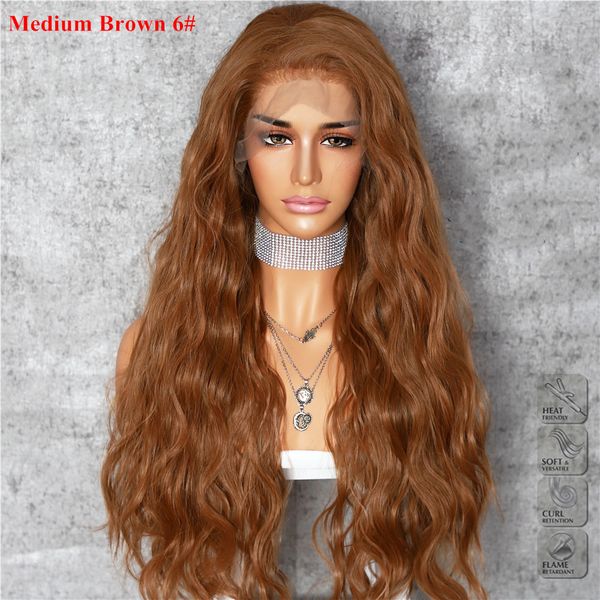 Halloween Brown Color 6 8 Natural Wave Heat Resistant Hair Women Wedding Party Daily Makeup Present Synthetic Lace Front Wig 180 Density Cheap Wigs