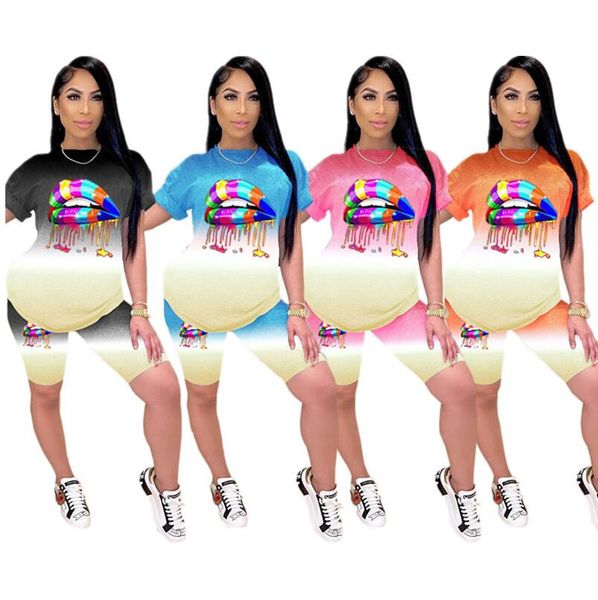 

women two piece outfits sports casual pants set designer rainbow lip printing short sleeve t shirt shorts set sports suit 2020 d6802, White