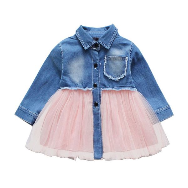 

baby girls dress kids patchwork design dresses long sleeve denim mesh sundress outfits 0-4t cute newborn baby girls clothes, Red;yellow
