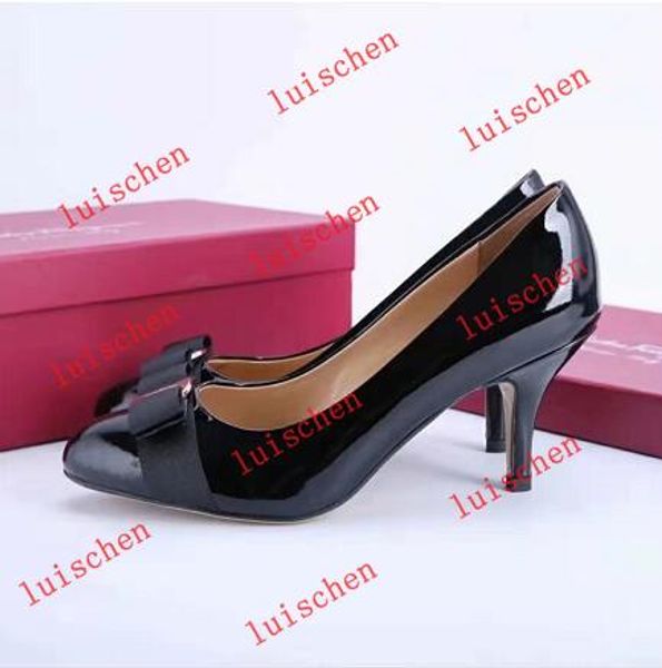 

2019 selling classic designer-style women's round head patent leather sequined bow heels, party dress shoes, Black