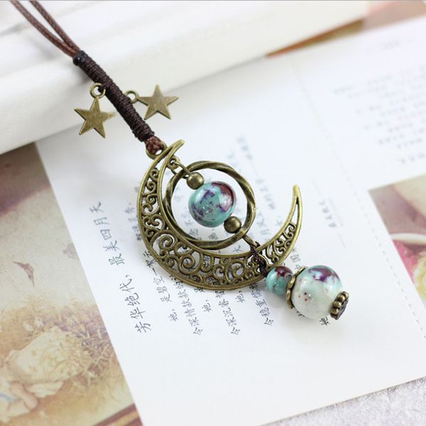 Collana di perline in ceramica vintage luna doppia stella Boho gioielli da donna dichiarazione catena di corda regolabile collane lunghe maglione CN01