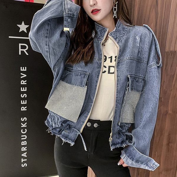 

bright diamond denim jacket women loose short jackets ladies harajuku vintage jeans jacket basic coats student streetwear f1298, Black;brown