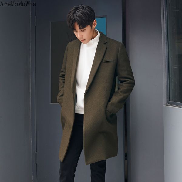 

aremomuwha winter new woolen coat male long section solid color windbreaker korean version of the loose thick woolen coat qx1244, Black