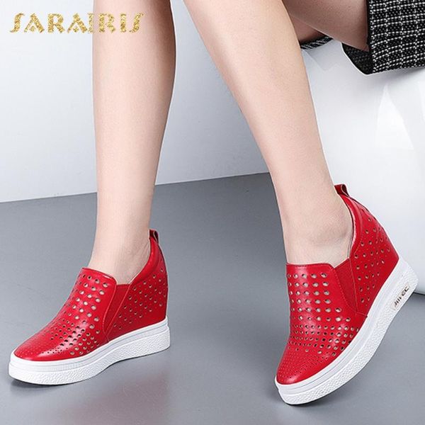 

sarairis 2020 new design genuine cow leather increased internal shoes woman pumps elastic band platform comfortable pumps, Black