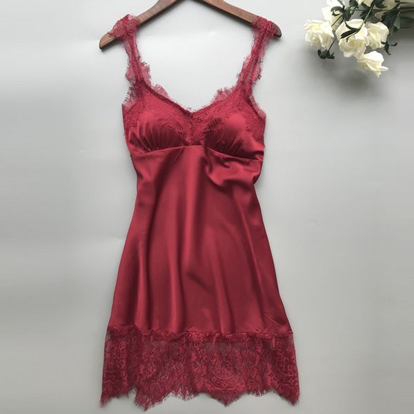 

women nightgown sleepwear lace lingerie women silk lace suit dress baby dolls shaped v-neck strap woman nightgown y5, Black;red