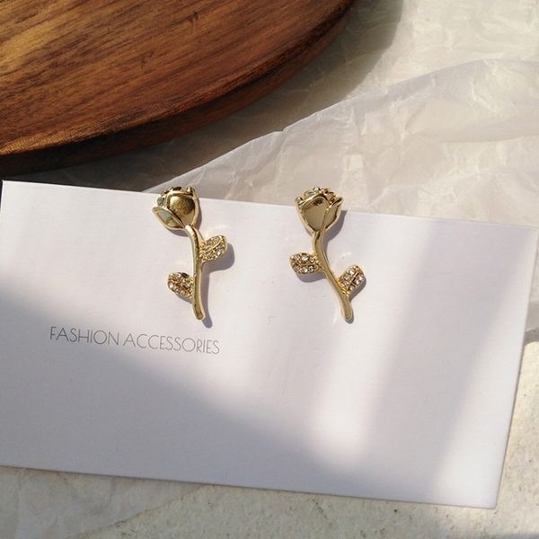

korean beautiful compact rhinestones metal rose flower stud earrings for sweet girl women simple fashion jewelry accessories, Golden;silver