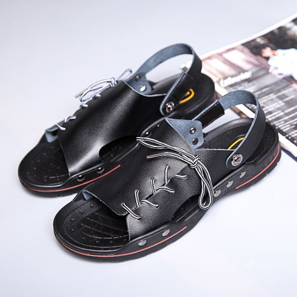 

leather men sandals outdooe fashion beach soft fisherman summer handmade sewing sandals men beach metal sandalias l5, Black