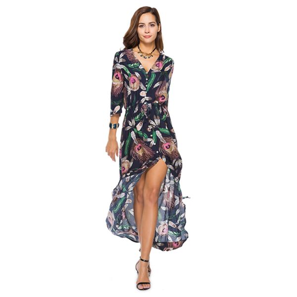 

long dresses ankle length dresses printed elbow elastic waist single breasted v collar lace urban leisure 23, White