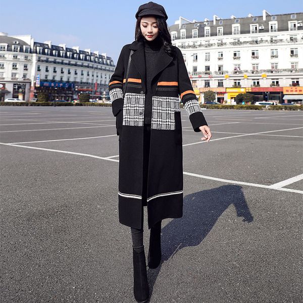

women autumn winter plaid woolen long coat casual loose retro warm thick ladies coats long jackets plus size, Black