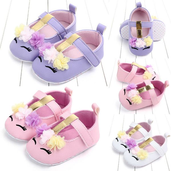 

2019 brand infant newborn kid baby girls spring autumn soft pu leather flower unicorn crib shoes first walking flat shoes 0-18m