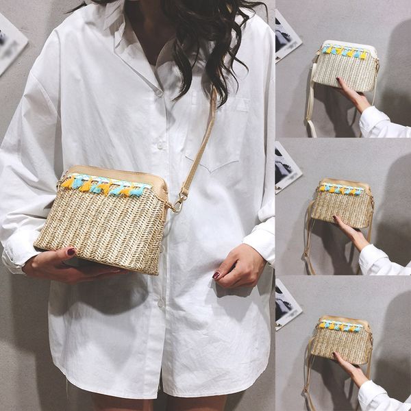 

women weaving tassel shoulder bags fashion straw shell handbag female small crossbody bags for women messenger phone bag #5$