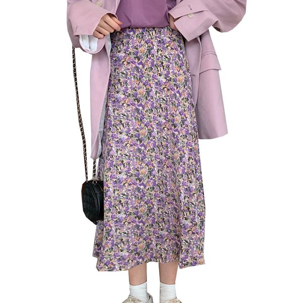 

2020 summer women skirt high wasit mid-length ladies skirts fashion floral print female skirts elastic waist women's skirt, Black