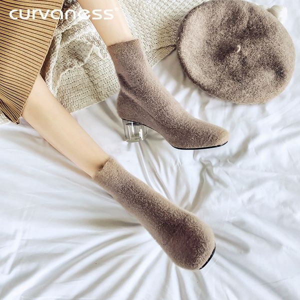 

curvaness 2020 winter round toe warm woolen casual women shoes fashion crystal round high heel concise flock ankle boots, Black