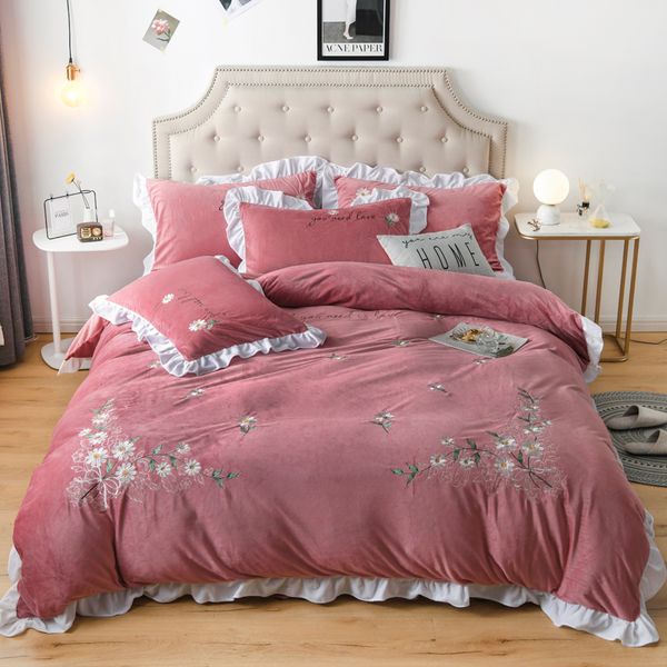 

korean princess flowers embroidery winter velvet fleece flannel bedding set duvet cover bed linen fitted sheet pillowcase