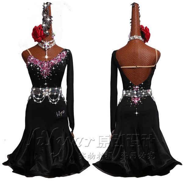 

sparkly rhinestones latin dance dress women dancing performance competition clothes one shoulder fishbone coiling dresses, Black;red