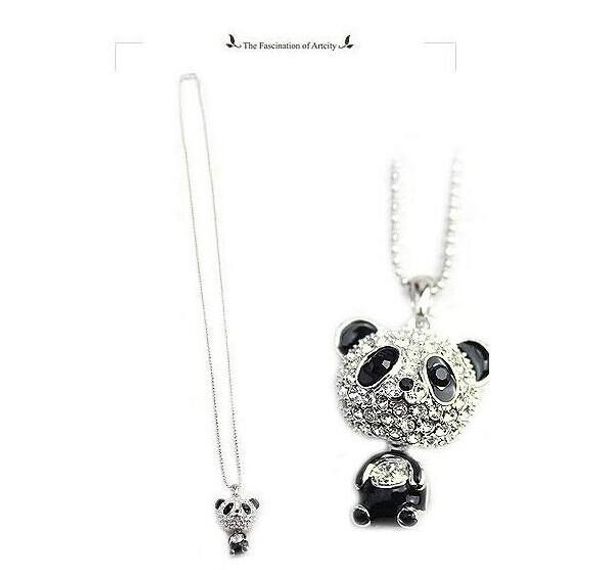 

pendant necklace women imitation diamond sweater beautifully chain necklace cute female panda jewelry chain necklaces, Silver