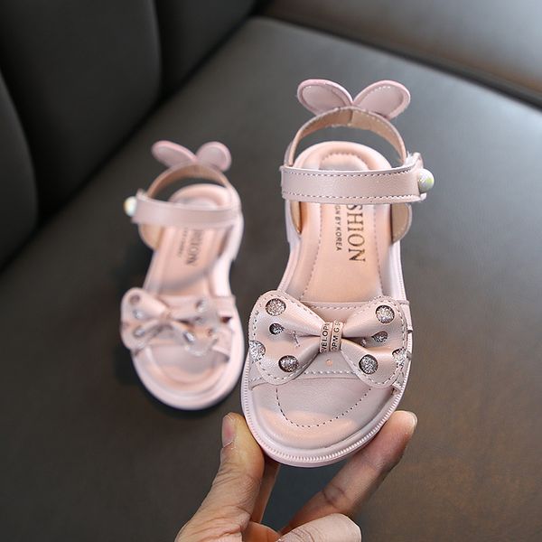 

casual soft girls princess summer flats for kids toddler shoes new children butterfly-knot glitter pearls open toe beach sandals, Black;red