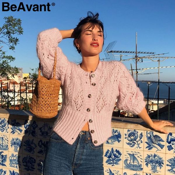 

beavant vintage hollow out knitted cardigan women long sleeve autumn winter pink sweater female high waist slim ladies cardigans, White