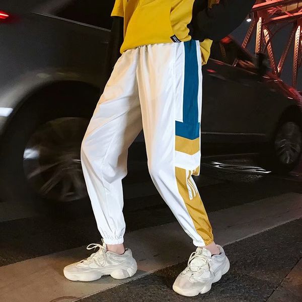 

side stripes printed color block patchwork track pants vintage mens hip hop windbreaker streetwear trousers harem pants male, Black