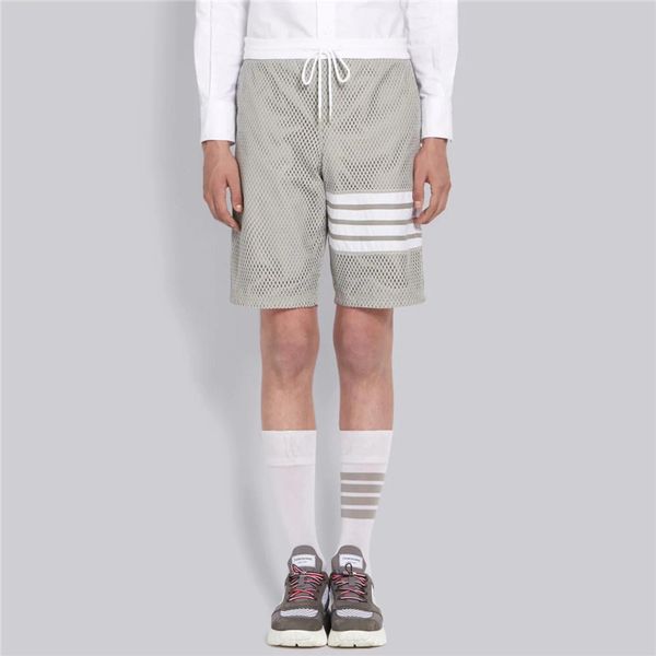 

engineered 4-bar stripe heavy athletic mesh track shorts adjustable drawstring back zip pocket men's women's shorts, White;black