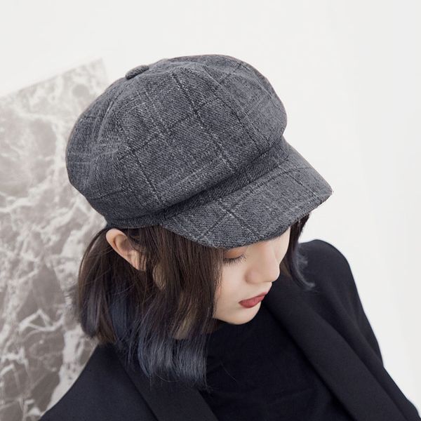 

women autumn winter berets hat plaid tweed wool warm octagonal newsboy cap female retro painter artist hats, Blue;gray