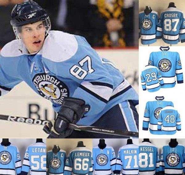 

pittsburgh penguins light blue jersey marc-andre fleury kris letang mario lemieux evgeni malkin phil kessel sidney crosby tyler kennedy, Black;red