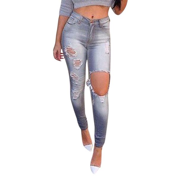 

ripped elastic women denim jeans hole torn high waist ladies mom denim pants femme boyfriend jeans for women, Blue