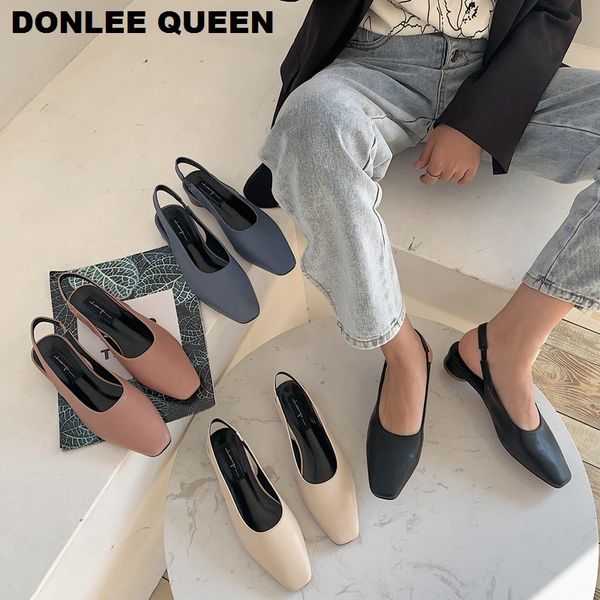 

square women slingback toe pumps block heel summer party dress macaroon color sandals for vacation mule shoes, Black